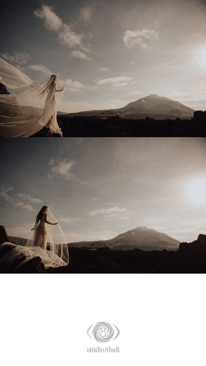 Bride in flowing white veil standing on rocky landscape with mountain backdrop, dramatic sky, fine art wedding photography by Studio 8 Bali.