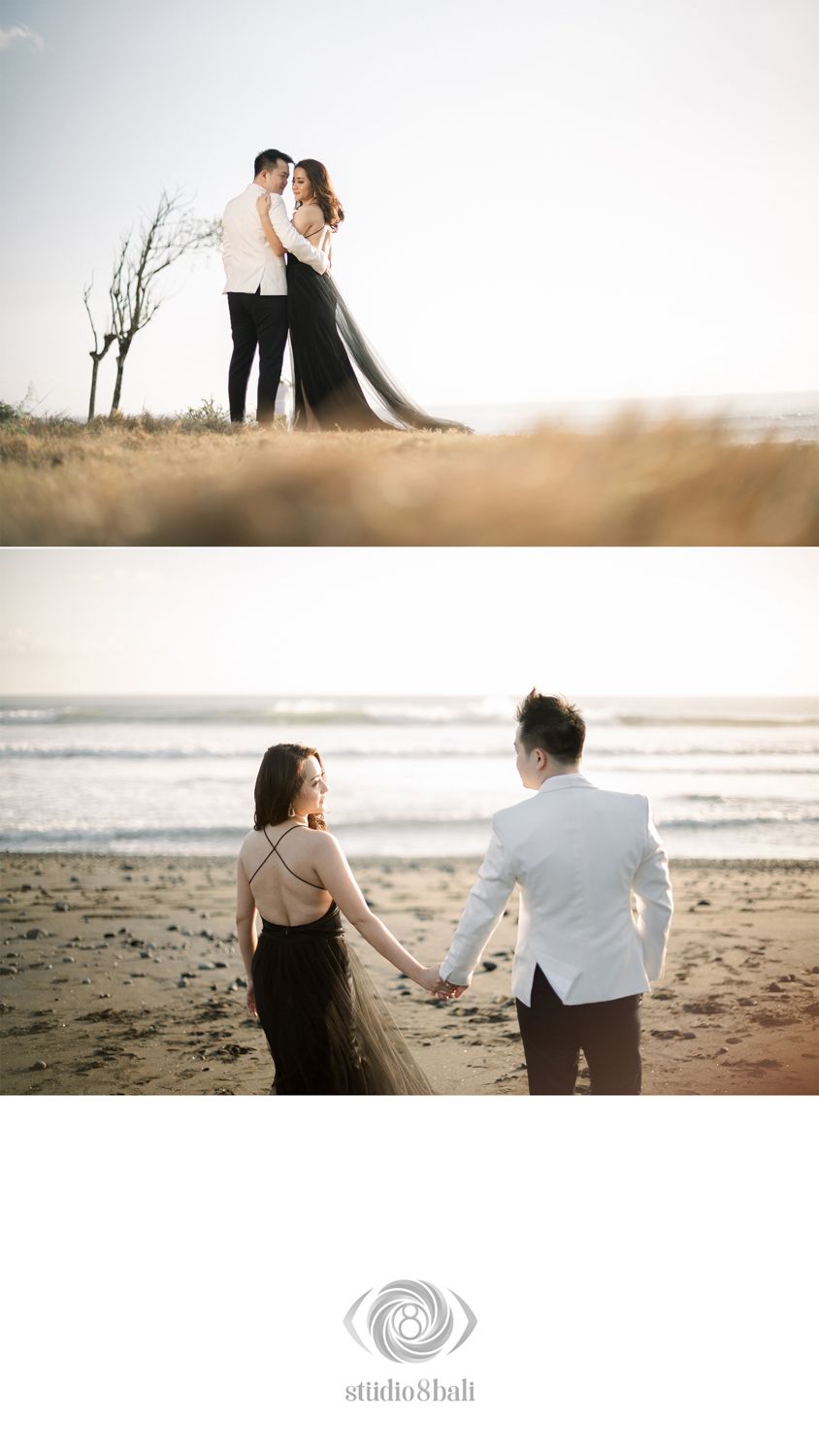 Couple poses romantically on a golden grass hill at sunset, then holds hands on a beach, she in a black gown, he in white.