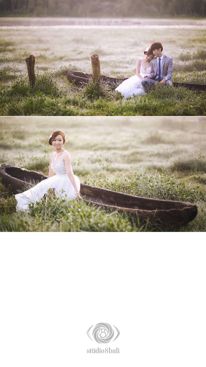 Romantic pre-wedding photo shoot with couple sitting in misty grass field near vintage wooden boat.