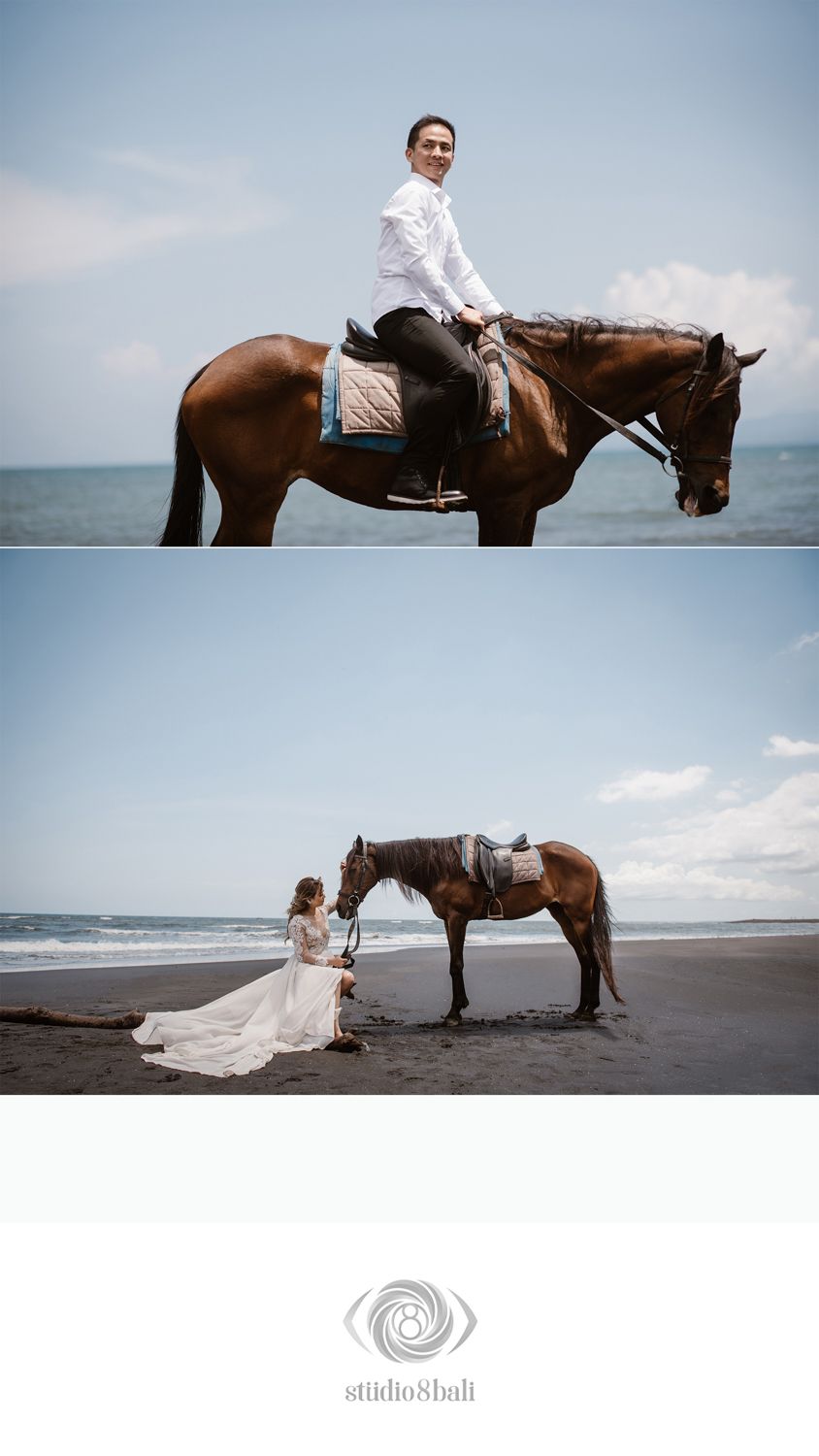 Groom in white shirt rides brown horse on beach, bride in white gown sits beside horse with ocean backdrop.