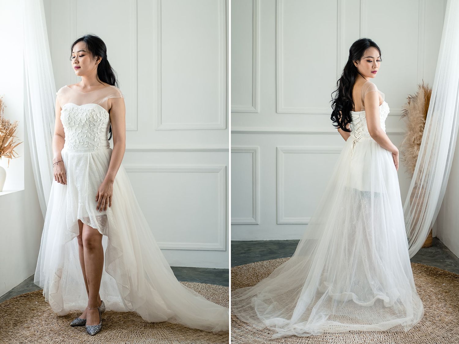 Bride wearing a strapless white high-low tulle wedding gown with beaded bodice, shown from front and back views.