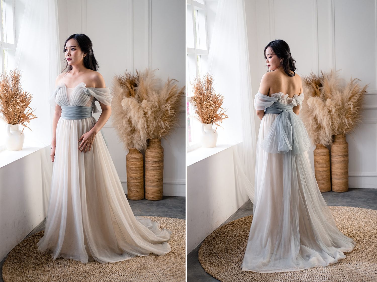 Elegant off-shoulder tulle wedding gown in soft blue and ivory, shown from front and back with a flowing train and bow detail.