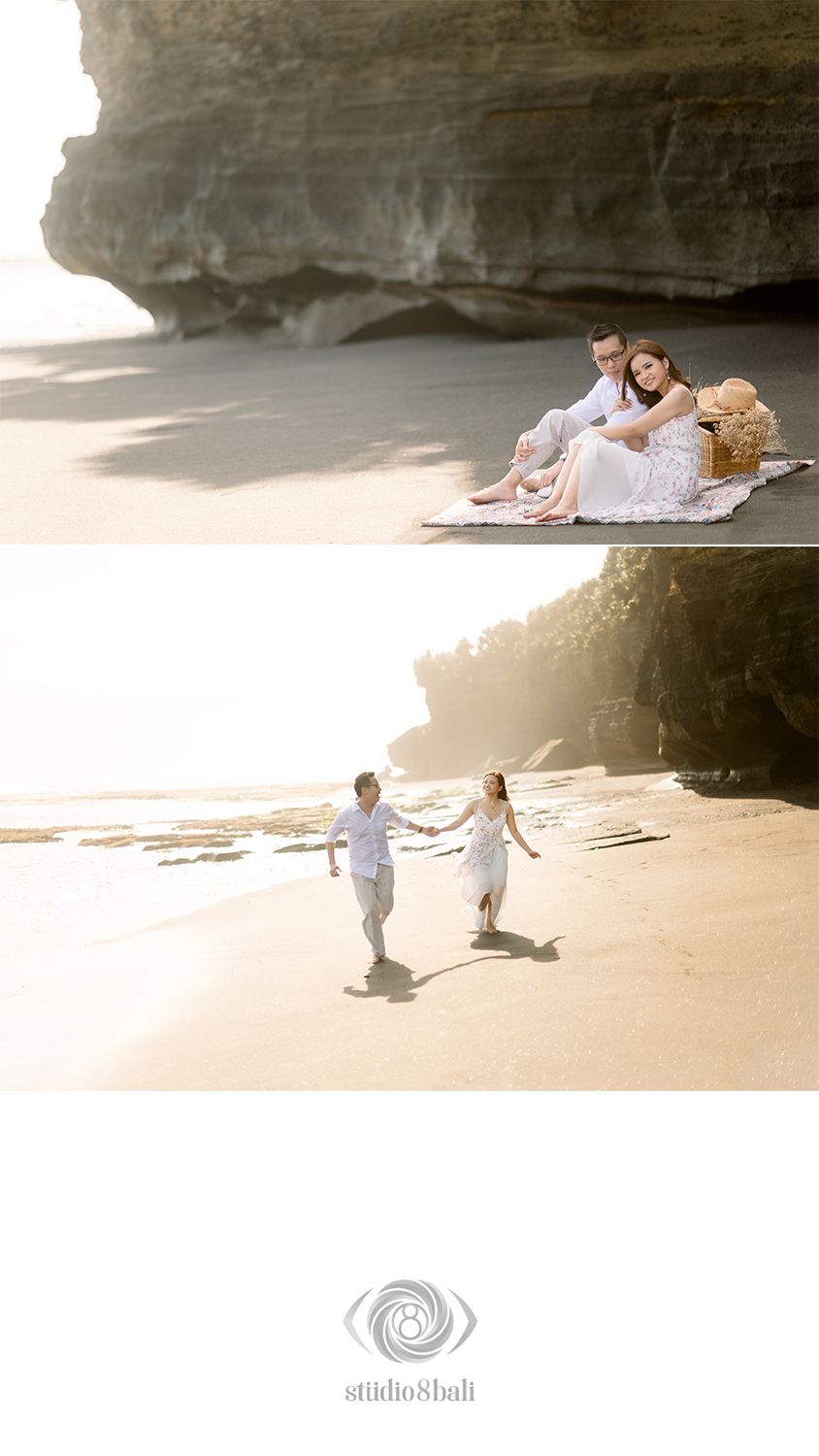 Couple poses romantically on a sandy beach near cliffs, sitting together and walking hand-in-hand at golden hour.