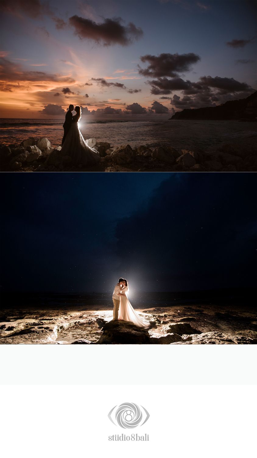 Romantic wedding couple silhouetted at sunset on rocky beach, with dramatic sky and ocean backdrop in Bali.