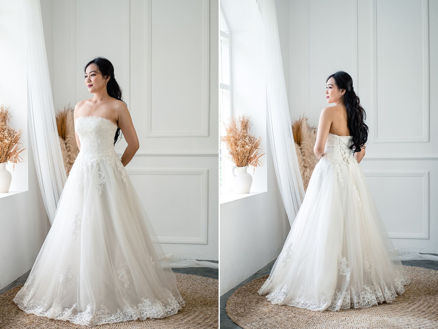 Strapless A-line wedding dress featuring lace hem details and full tulle skirt, shown front and back on Asian bride.