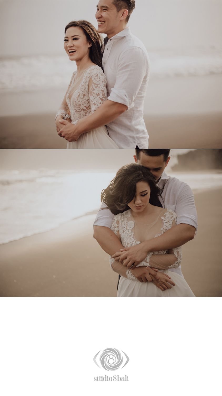 Couple embracing on a beach in white lace outfits, romantic pre-wedding photography by Studio 8 Bali.
