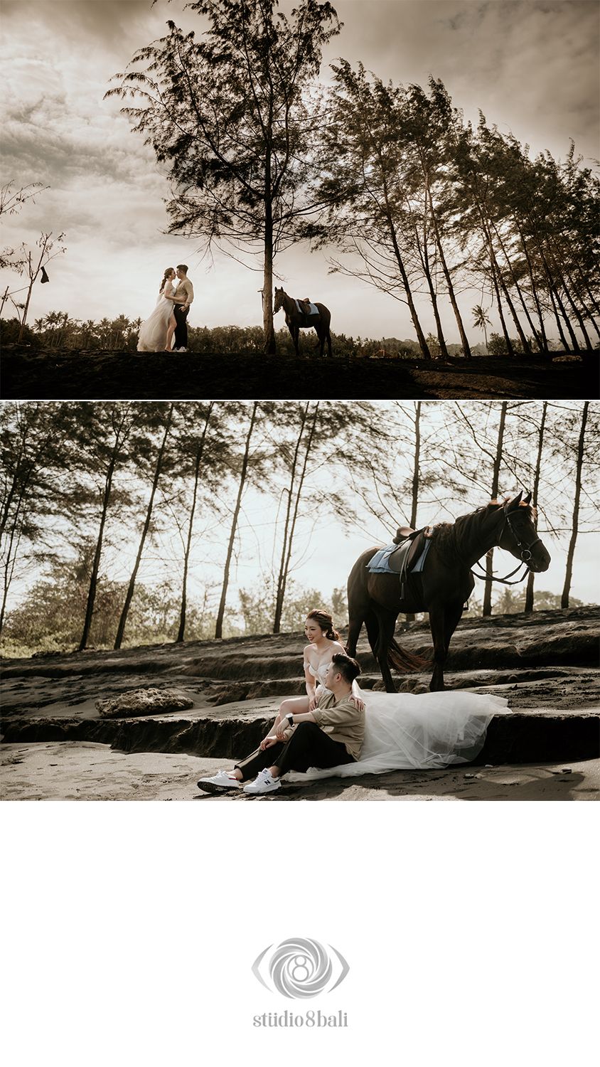 Romantic wedding couple poses with a dark horse among tall trees on rocky beach, captured by Studio 8 Bali.