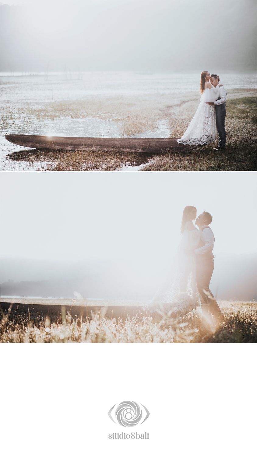 Romantic wedding couple embracing near a rustic boat by a serene lake, bathed in golden sunlight.