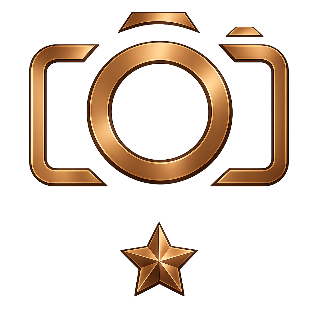 Bronze metallic camera icon with a star badge, representing photography awards or premium photo service.