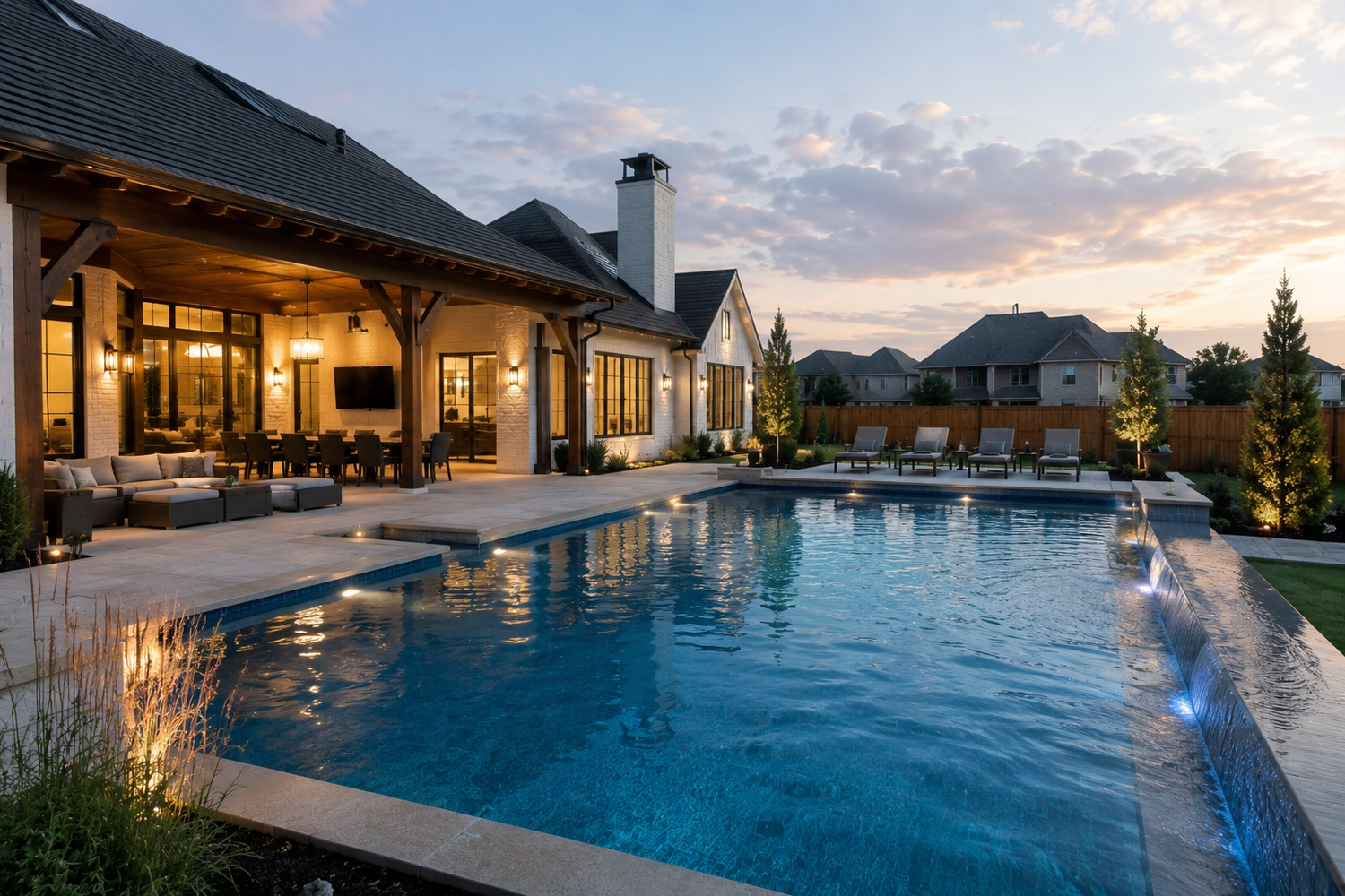 Luxury backyard pool with illuminated water features, covered patio, and elegant home at dusk.