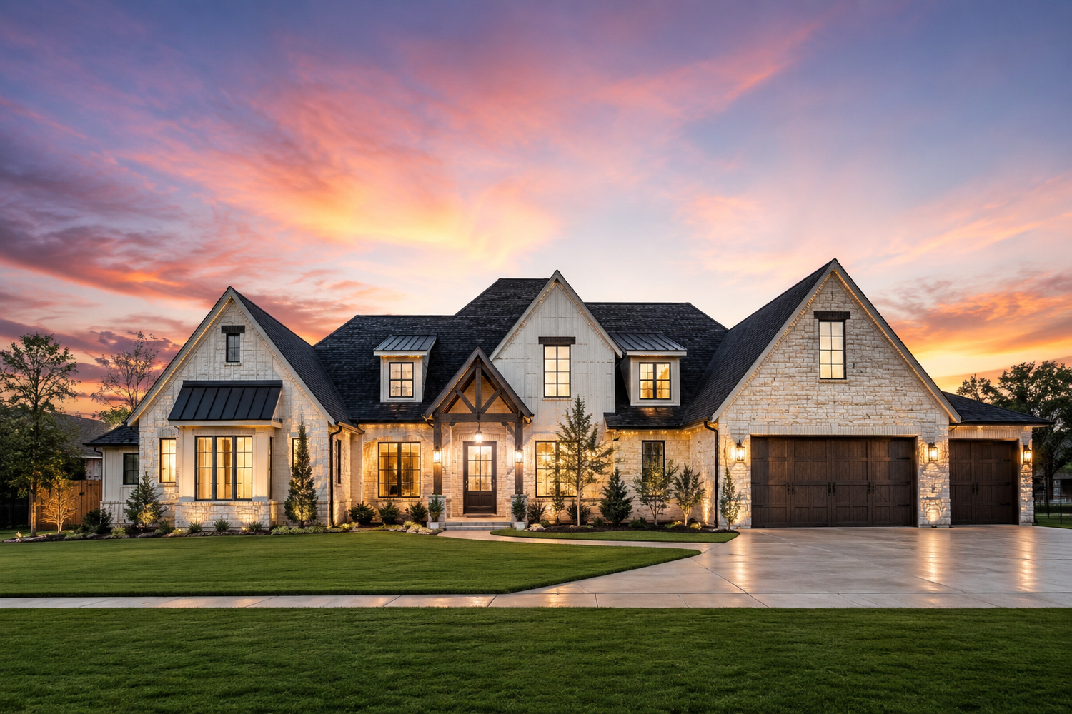 Stunning two-story brick farmhouse with dark roof, lit windows, and a vibrant sunset sky over a manicured lawn.