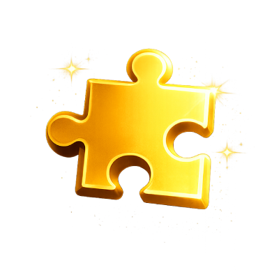 A shiny golden puzzle piece with a glossy 3D finish and sparkling light effects on a white background.