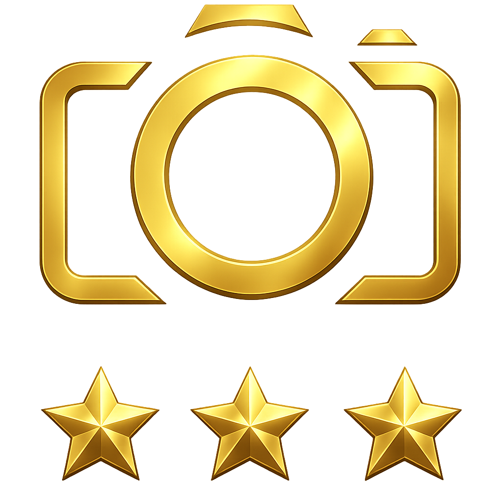 Gold camera icon with three gold stars, symbolizing top-rated photography or premium photo service award.