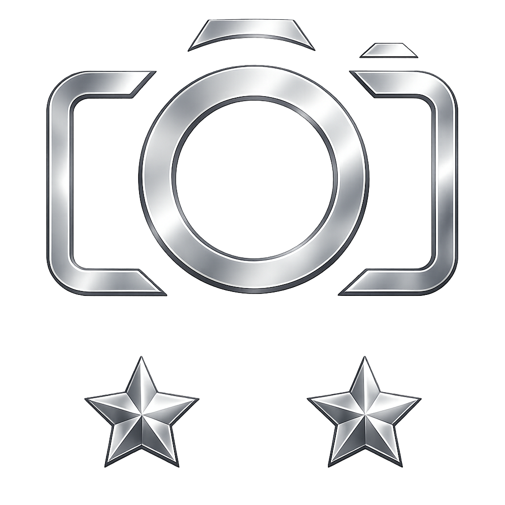 Silver metallic camera icon with two silver stars, glossy 3D effect, isolated on white background.