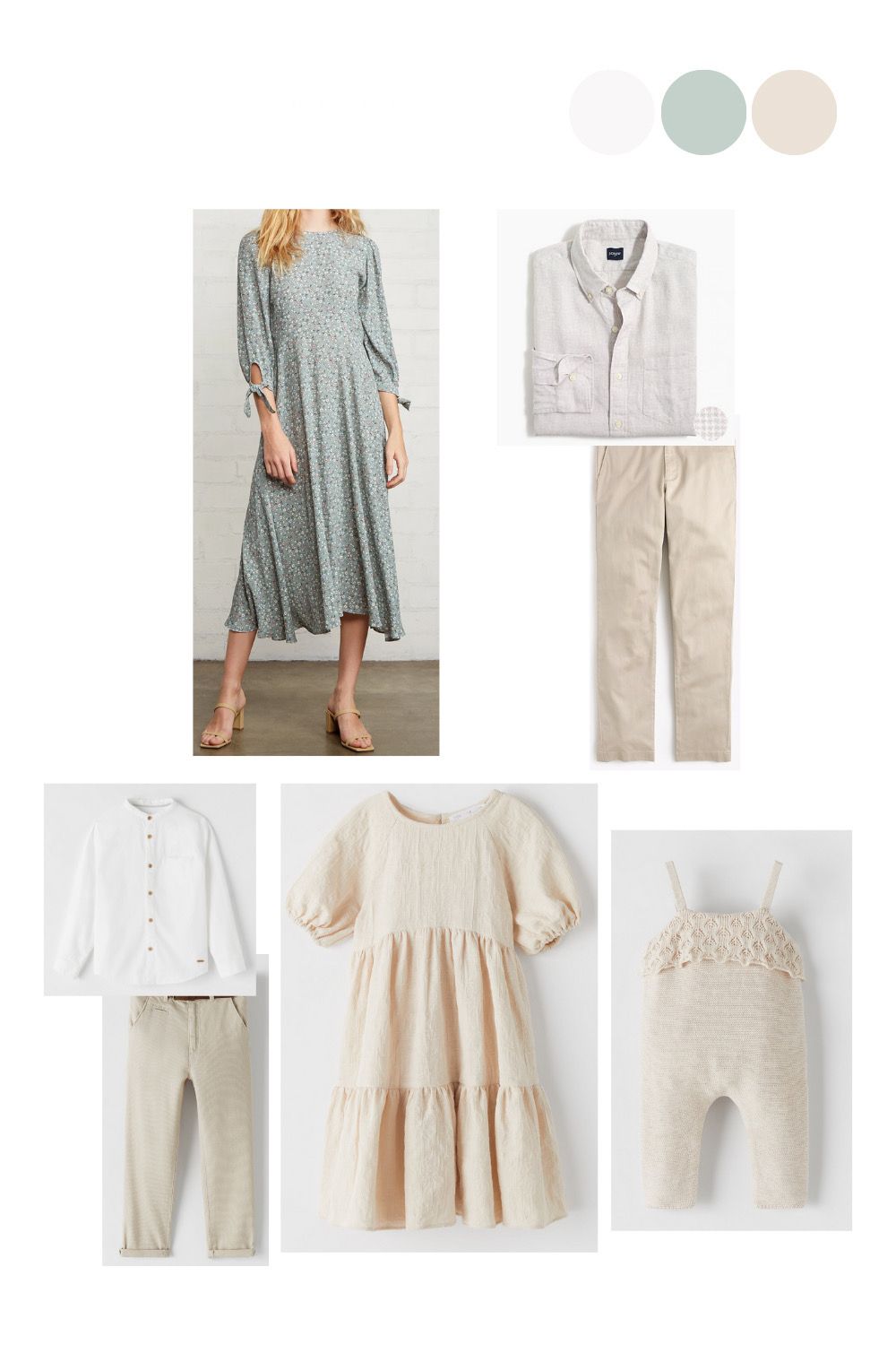 Coordinated family photo outfits in sage green and cream tones featuring floral maxi dress, linen shirt, khaki pants, and children's pieces.