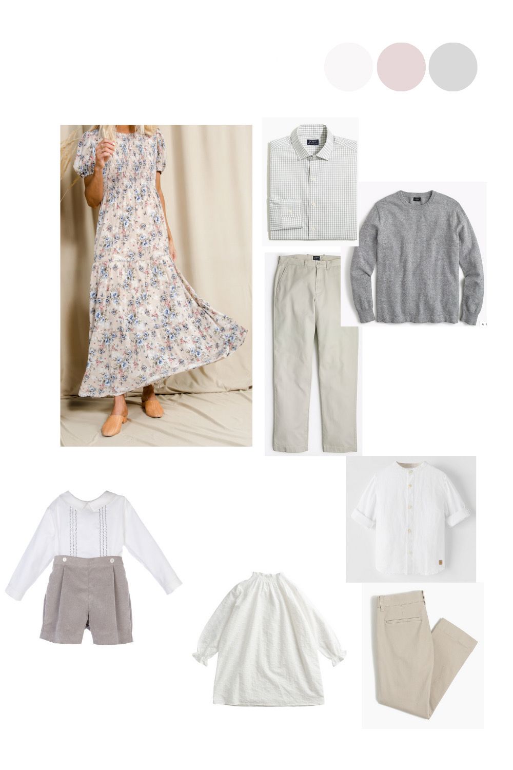 A coordinated family outfit guide featuring floral maxi dress, neutral chinos, gray sweater, white shirts, and linen pieces in soft tones.