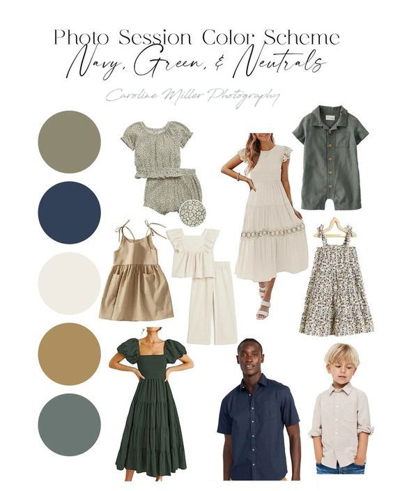 Navy, green, and neutral family photo session color scheme guide featuring coordinated outfits for adults and children.