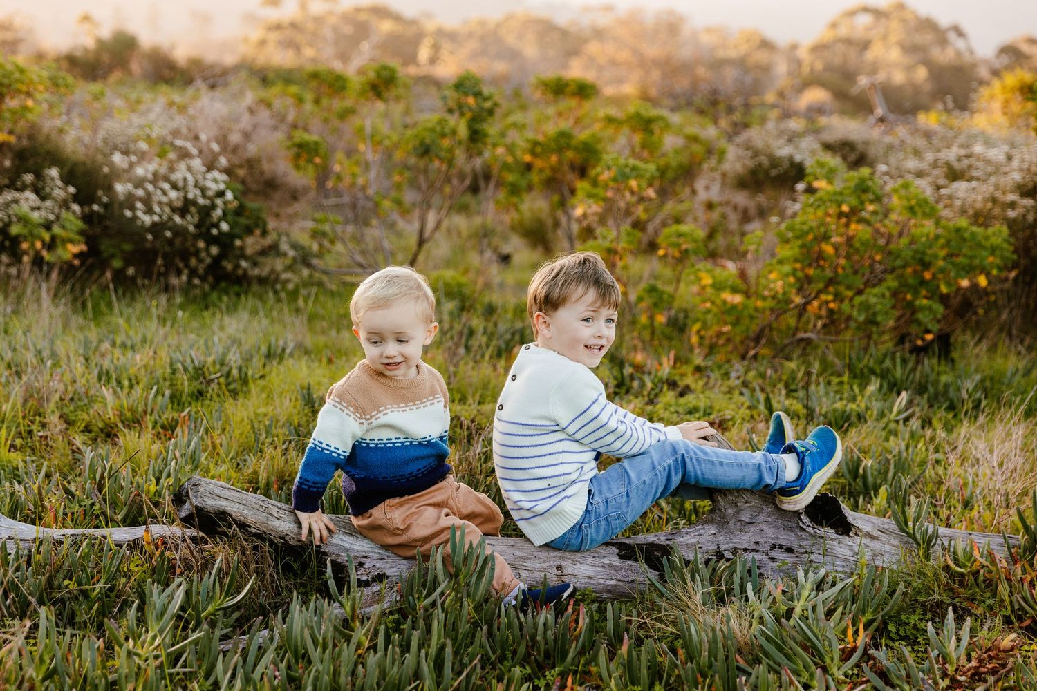 Two young children sit back-to-back on a log in a lush green field during golden hour.