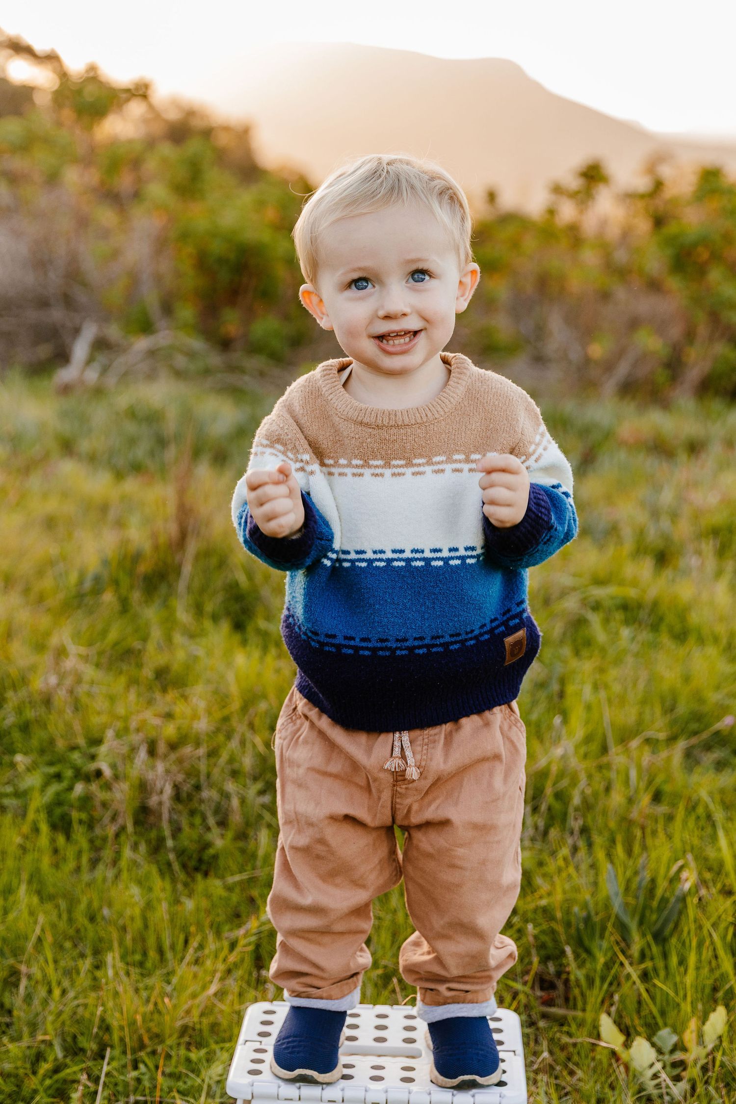 Smiling toddler boy in striped knit sweater standing on a white step stool in a sunny green meadow.
