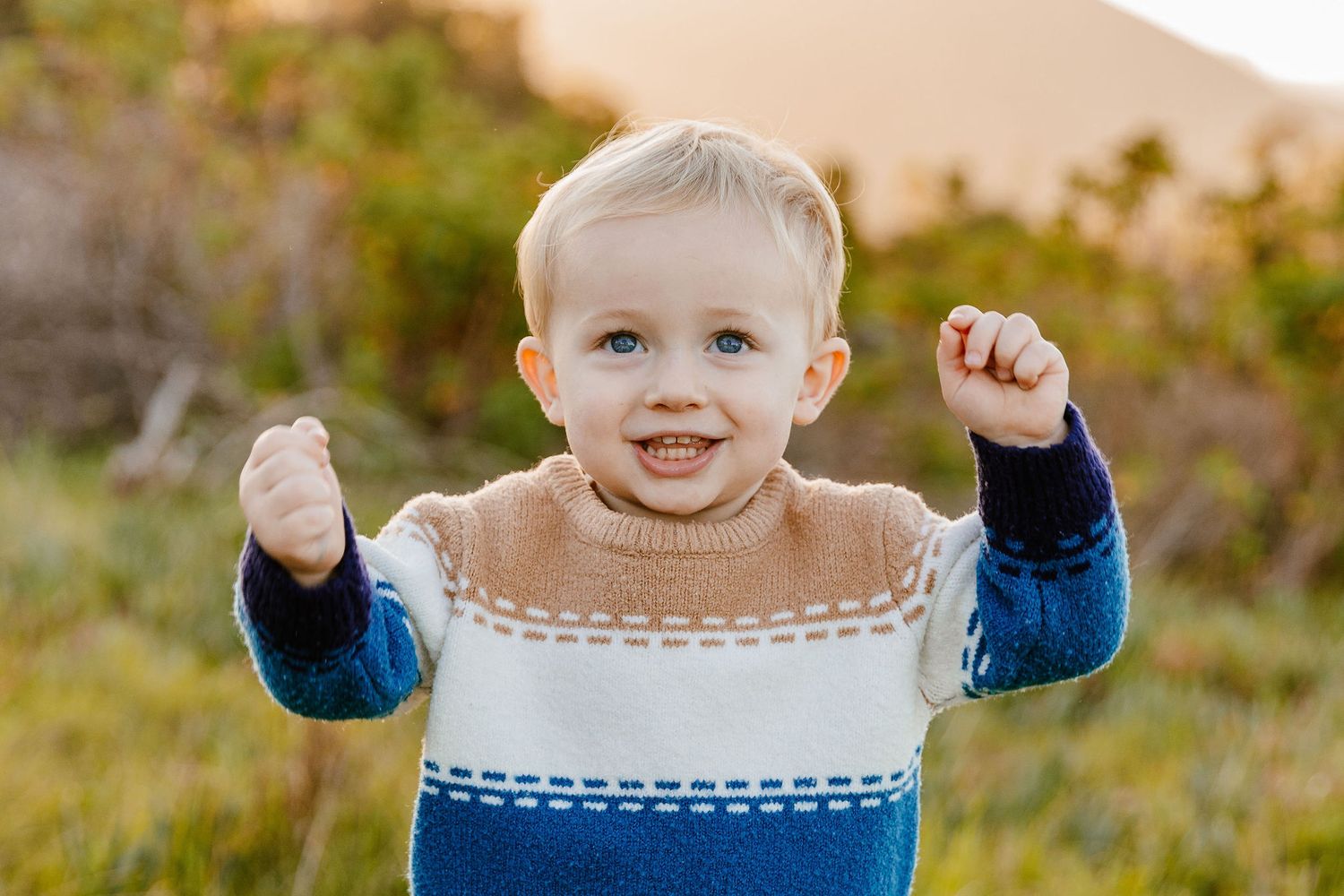 Happy blonde toddler boy in a tan and blue knit sweater raising his arms joyfully in a green field.