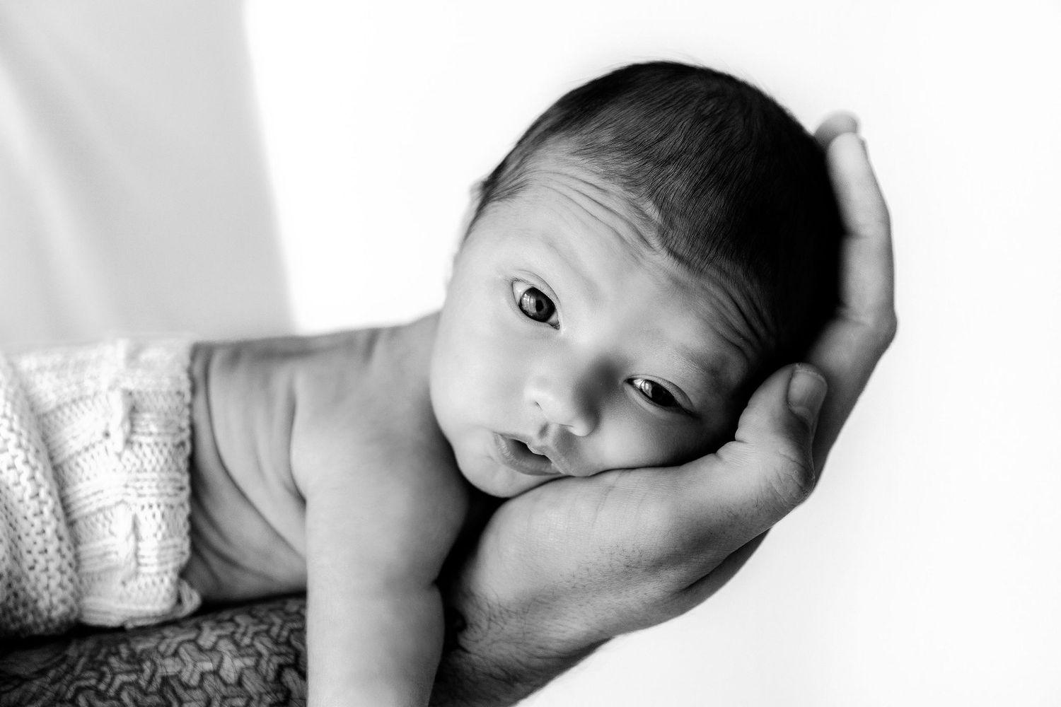 Black and white photo of an alert newborn baby resting on a parents hand.