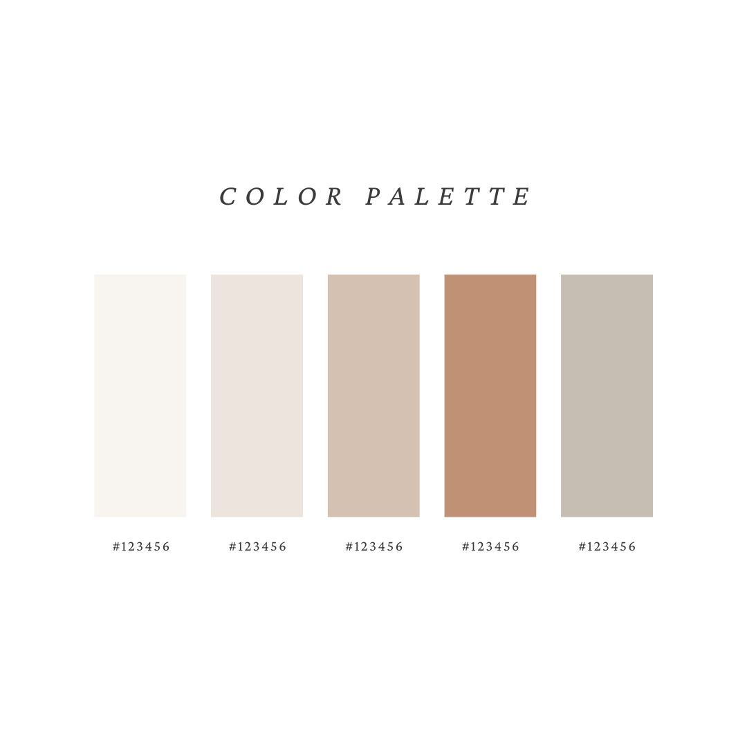 Neutral color palette with five swatches ranging from ivory to warm taupe and terracotta tones.