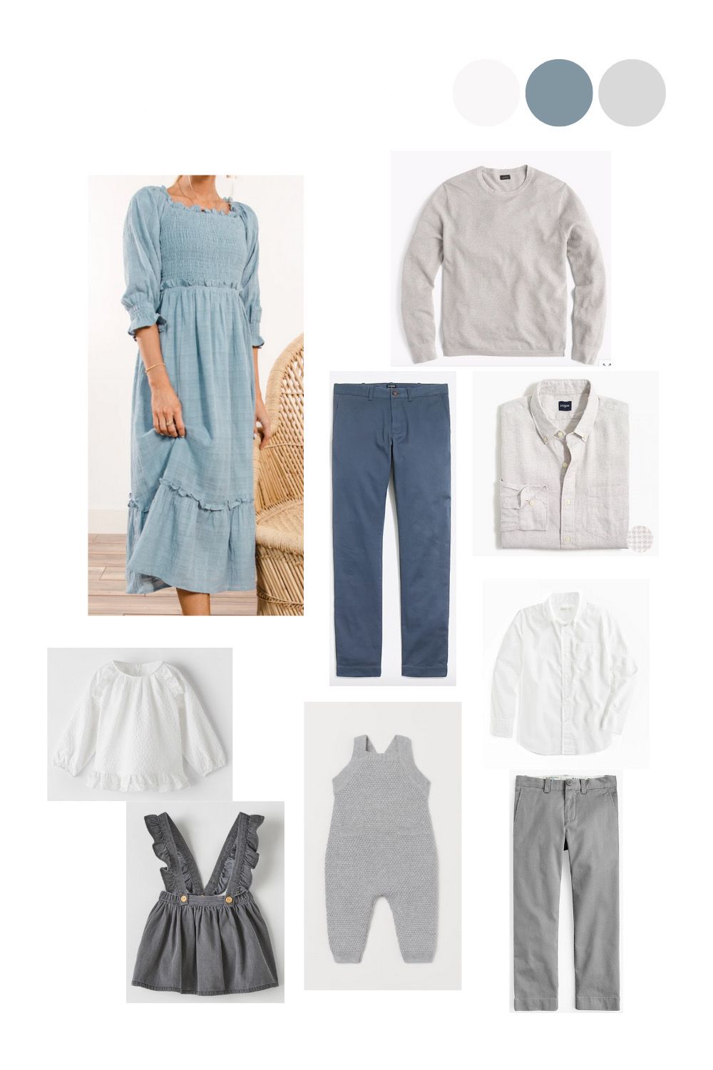 A coordinated family outfit flatlay featuring dusty blue, gray, and white clothing including dresses, pants, tops, and a baby romper.