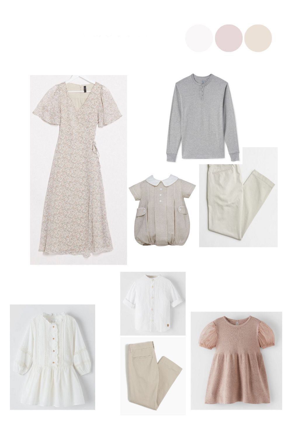 Neutral family photo outfit coordination featuring floral dress, gray henley, cream pants, and soft pink and white children's clothing.