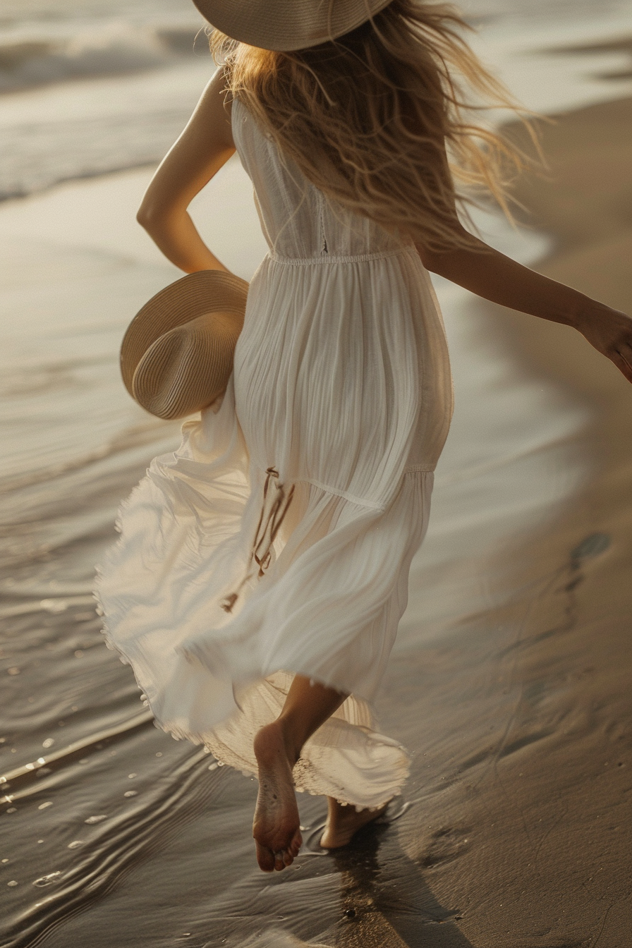 A woman in a white flowing dress and sun hat walks barefoot along a sandy beach at golden hour.