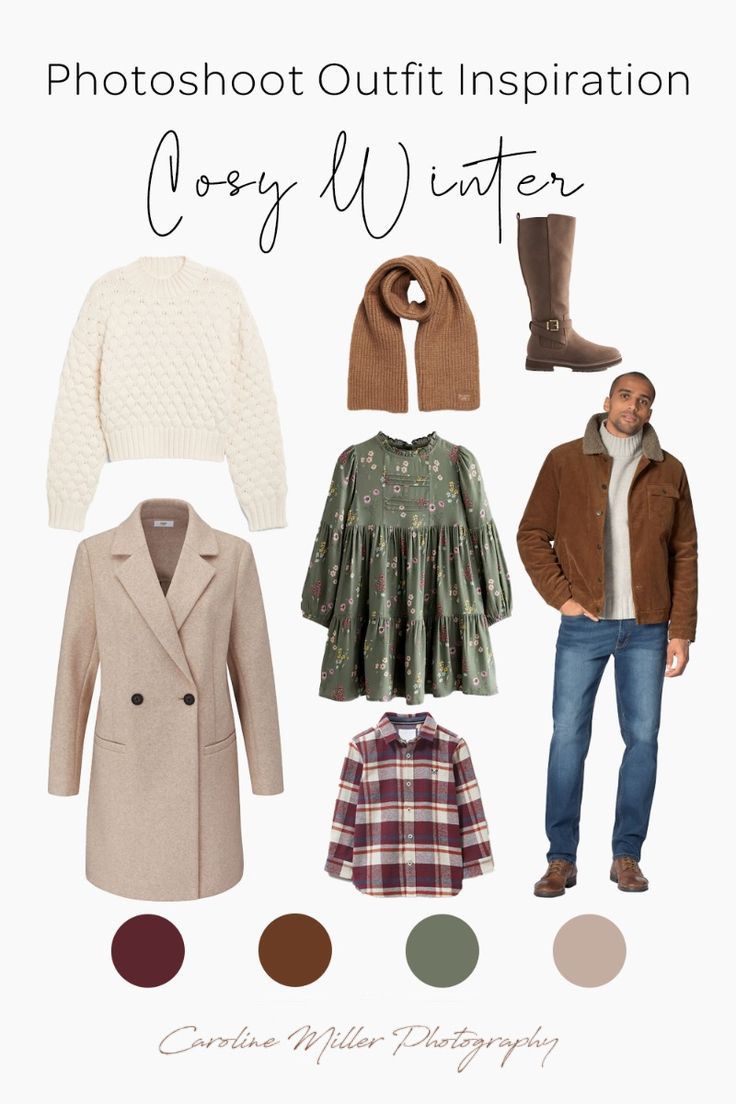 Cosy winter photoshoot outfit inspiration featuring neutral tones, plaid shirts, green floral dress, and warm accessories.