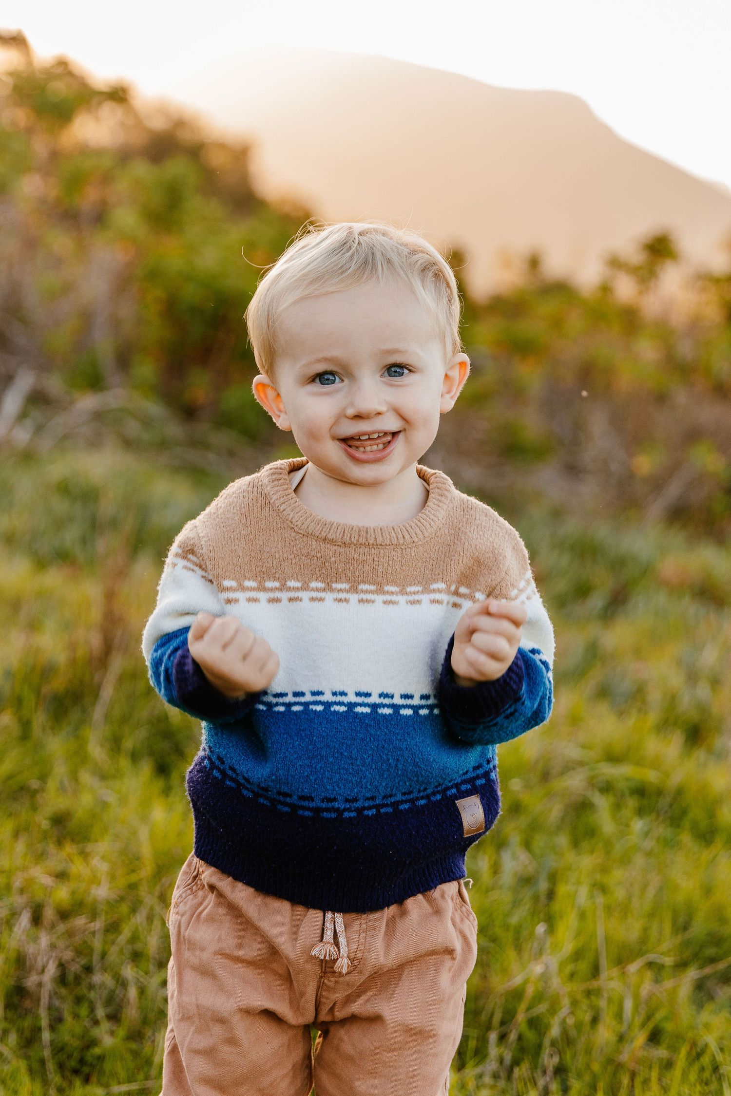 Happy blonde toddler in brown and blue knit sweater smiling in a golden sunlit field.