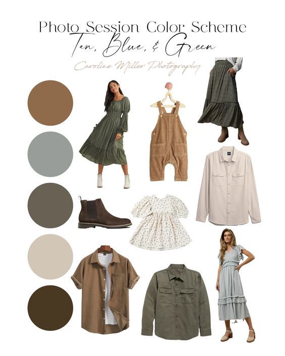 Photo session color scheme mood board featuring tan, blue, and green family outfits with coordinating earth tone swatches.