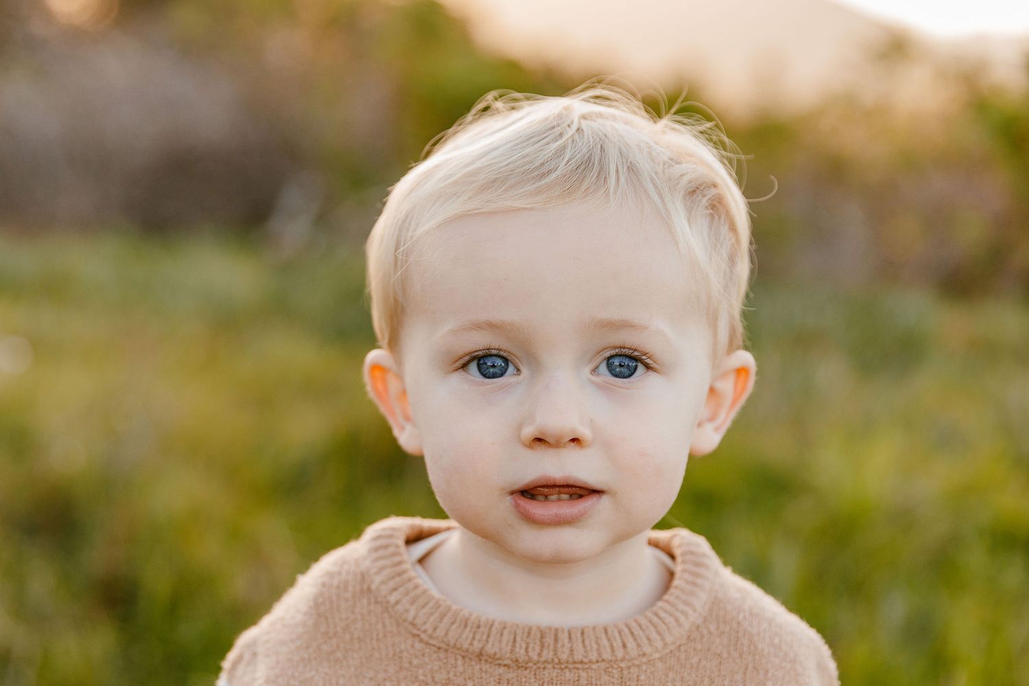 Close-up portrait of a blonde toddler with blue eyes wearing a tan sweater outdoors.