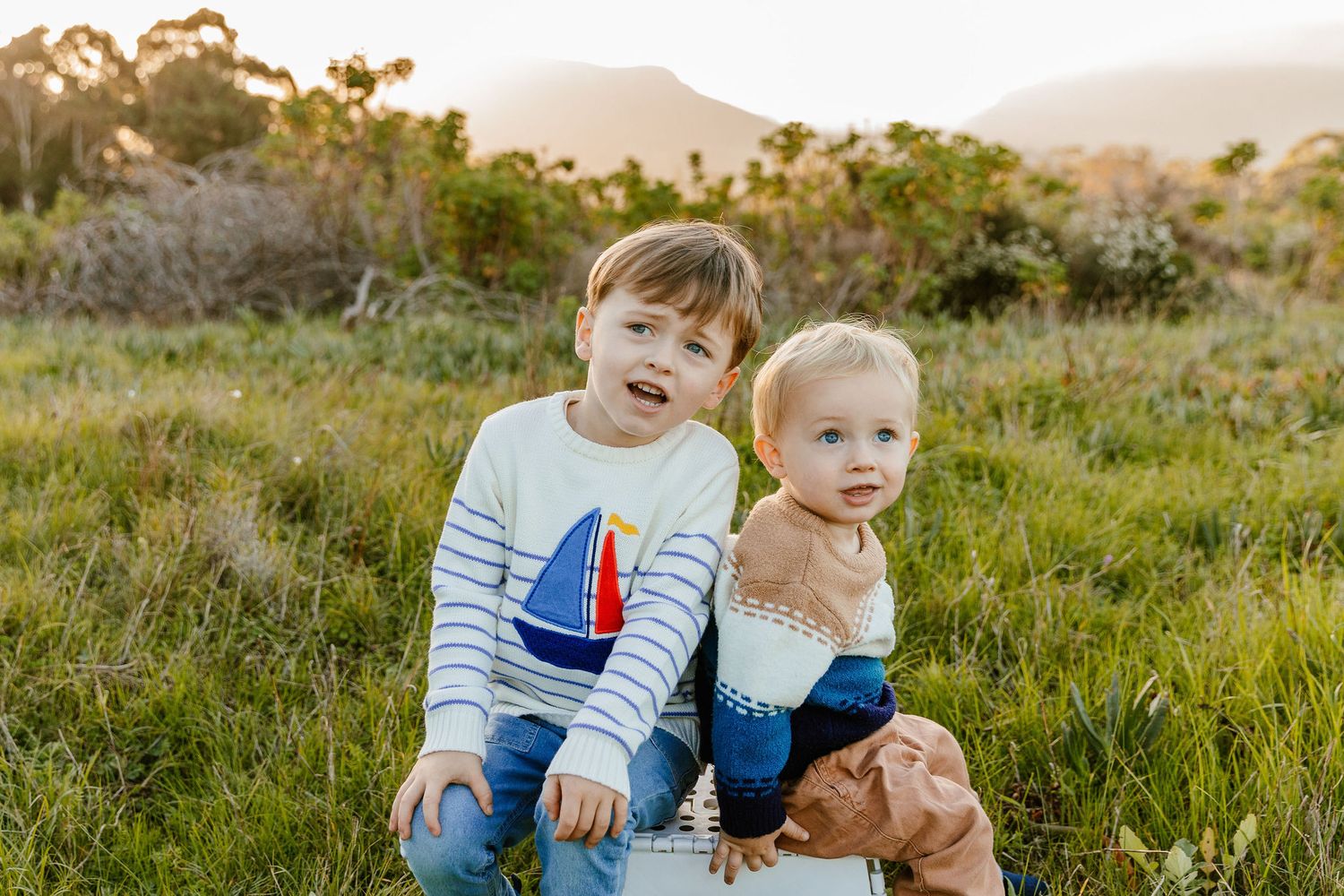 Two young brothers sitting together smiling in a sunlit grassy field.