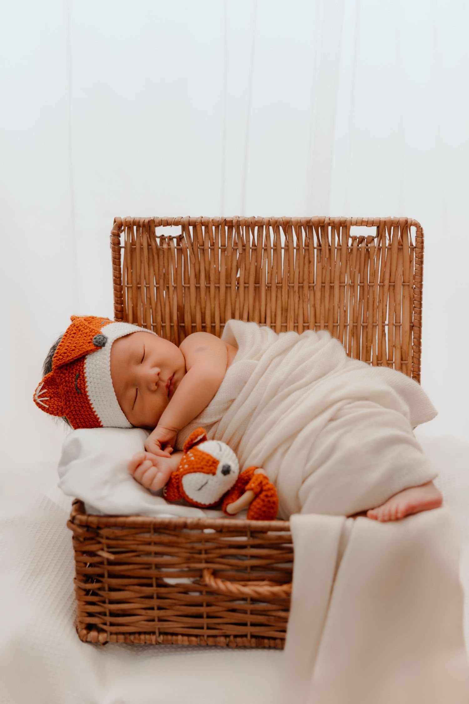 Newborn baby wrapped and sleeping in a basket, Sydney newborn photographer