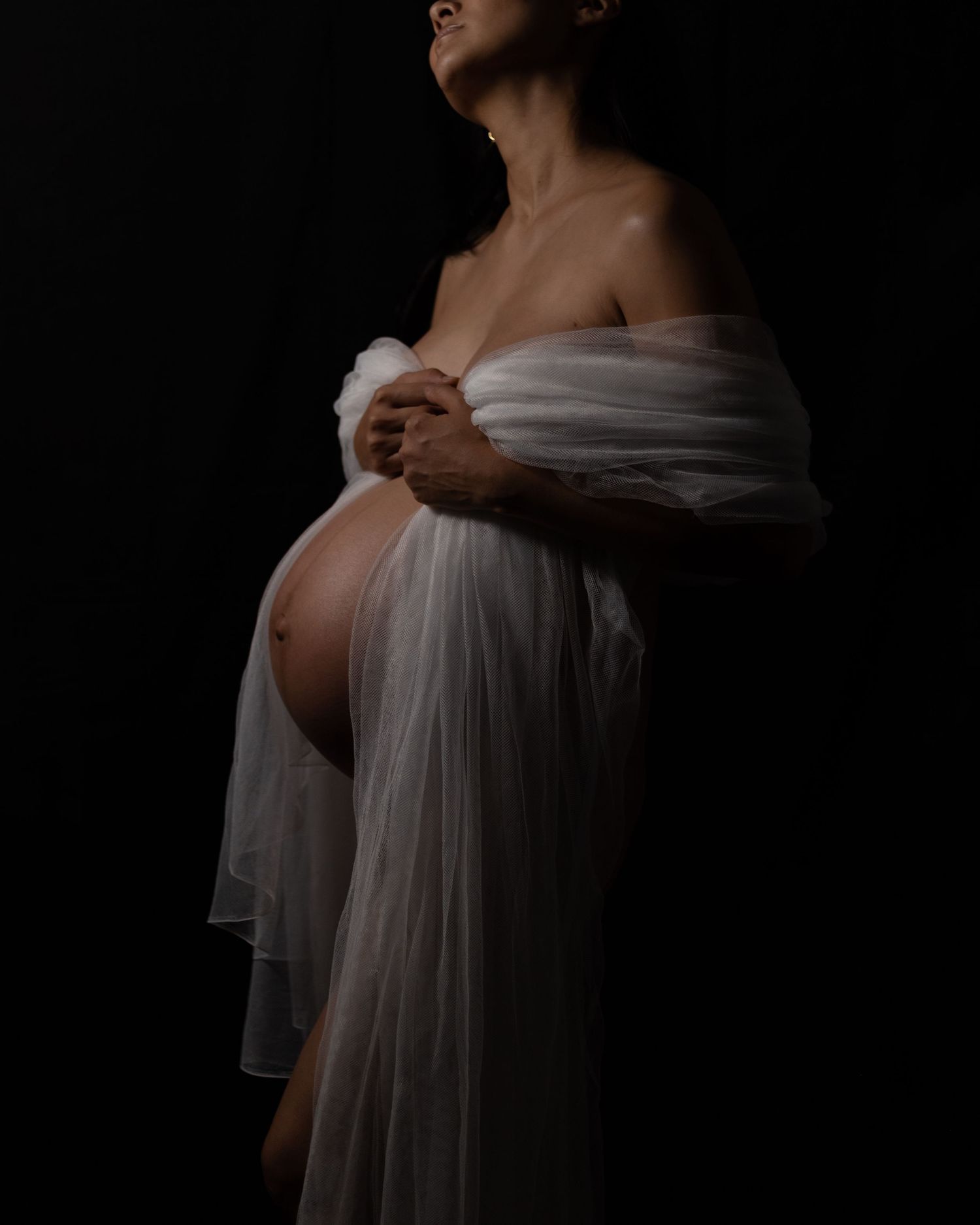 Studio maternity portrait with soft fabric wrap, Sydney maternity photographer
