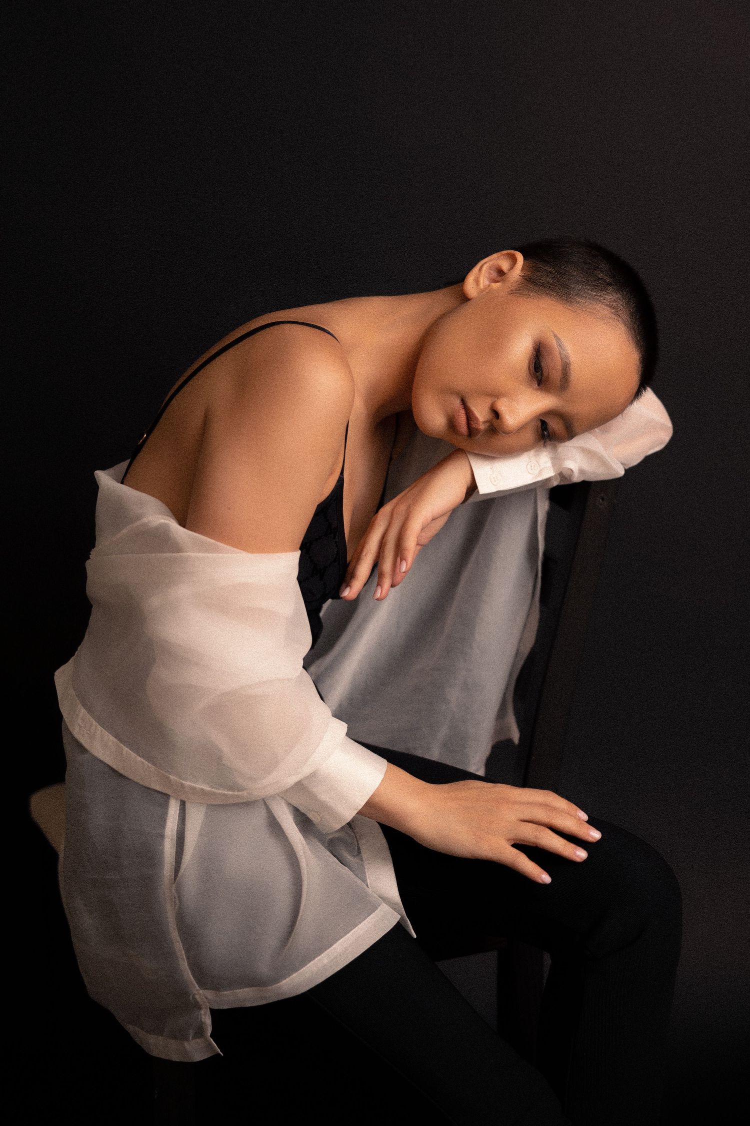 Creative studio portrait with soft fabric styling, Sydney portrait photographer