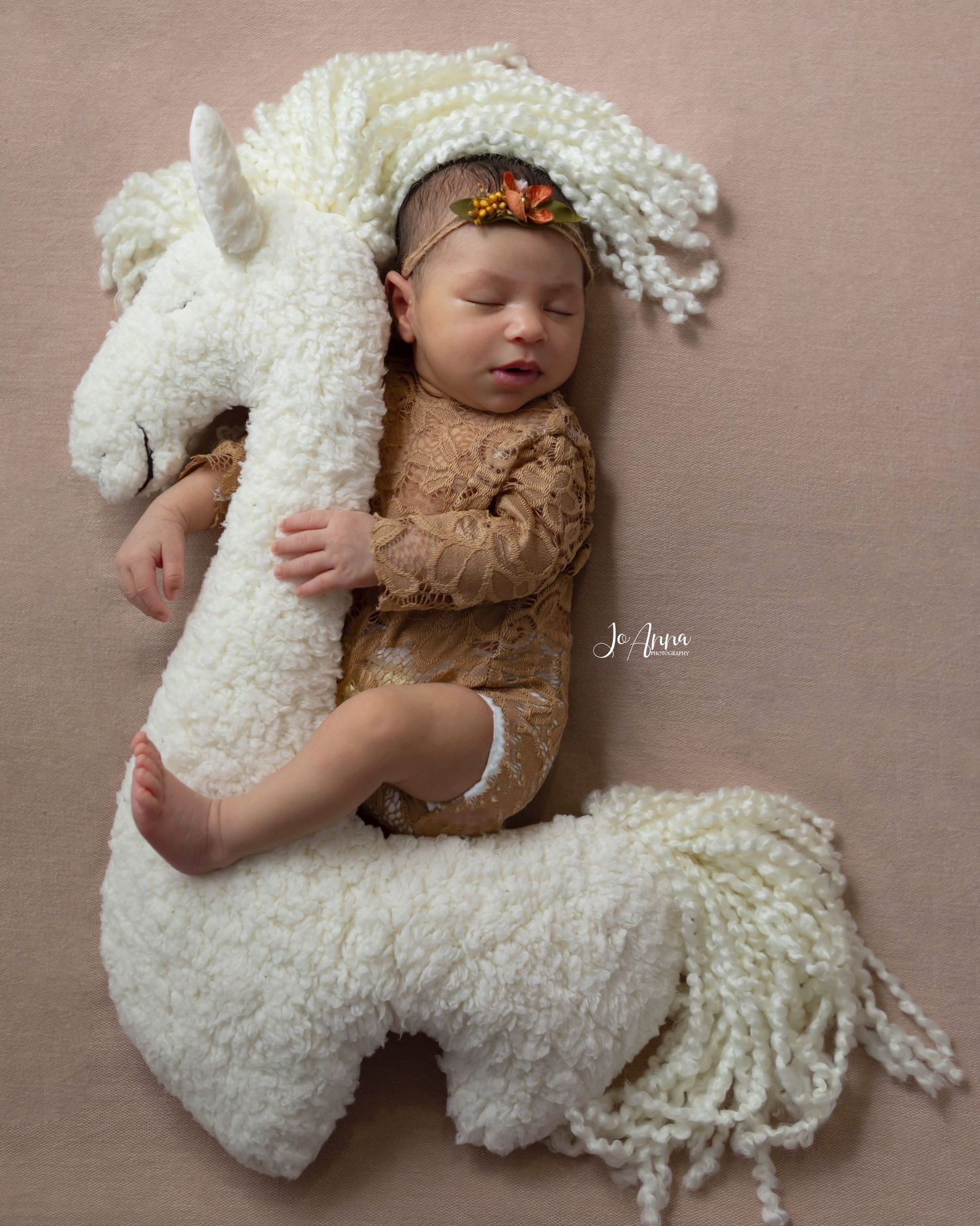 baby girl posed with unicorn prop