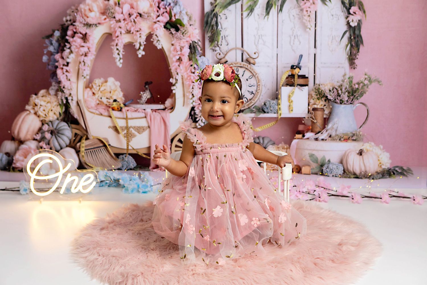 Princess themed first birthday session with smiling baby girl