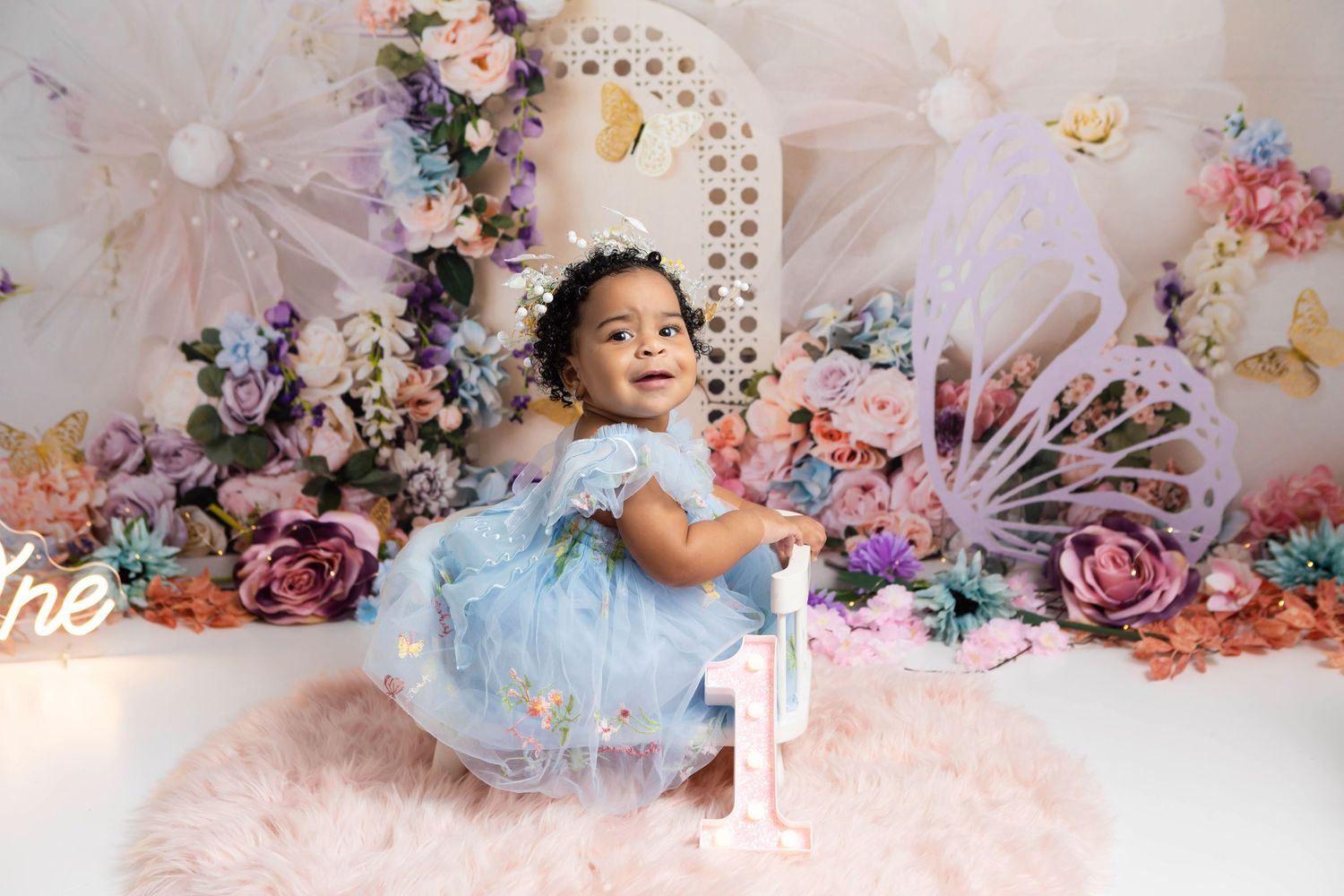 First birthday photos of a baby girl using a fairy themed set