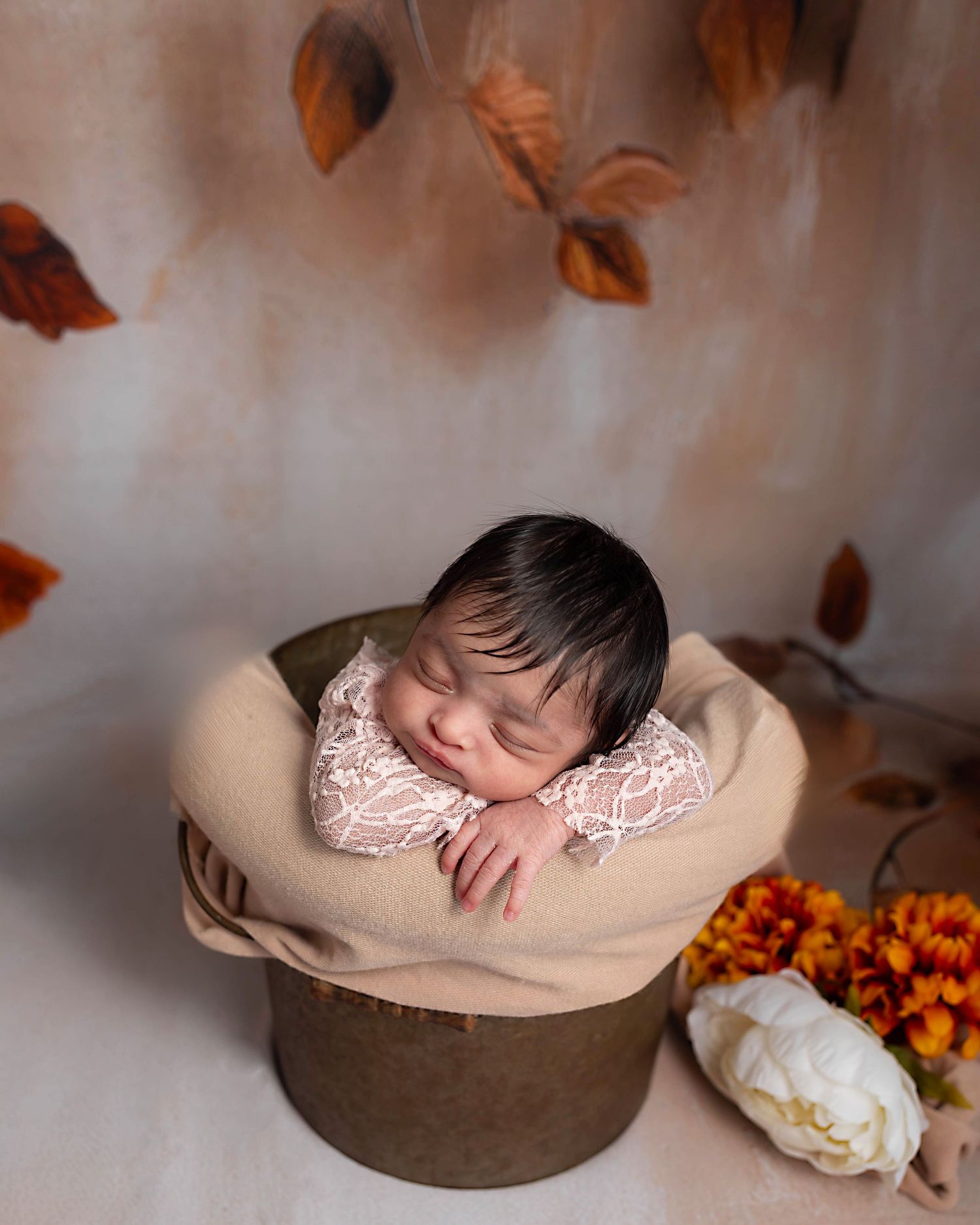 Newborn baby beautifully styled in studio props