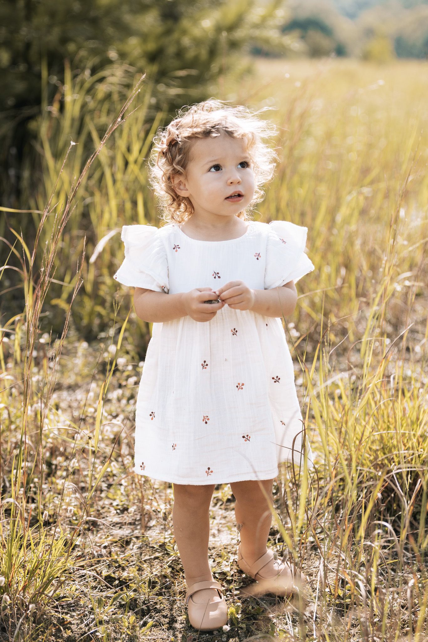 Small child in white dress exploring tall grass in summer meadow.