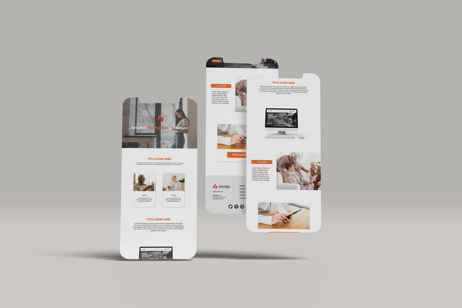 Two floating smartphone mockups displaying a minimalist website or app interface design against a light gray background.