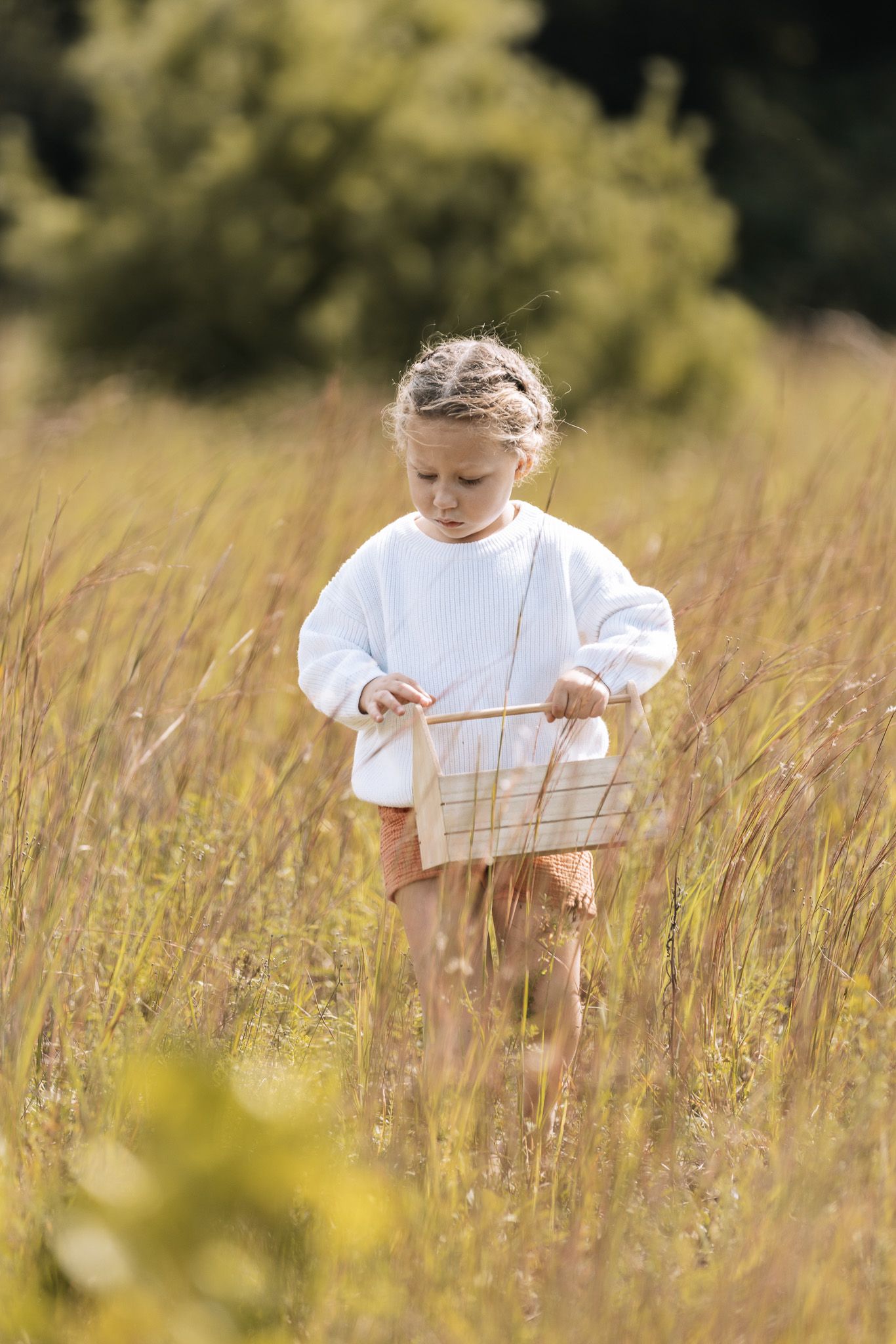 Child playing in a sunlit meadow with tall golden grass.