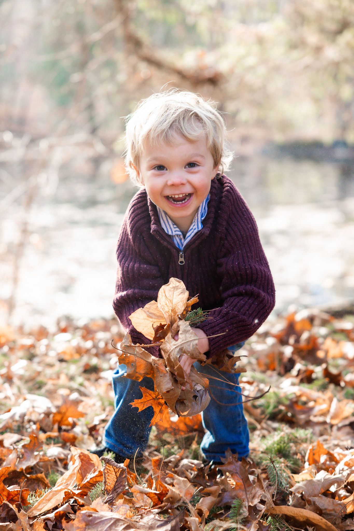 Young child playing joyfully in a pile of autumn leaves wearing a purple sweater.