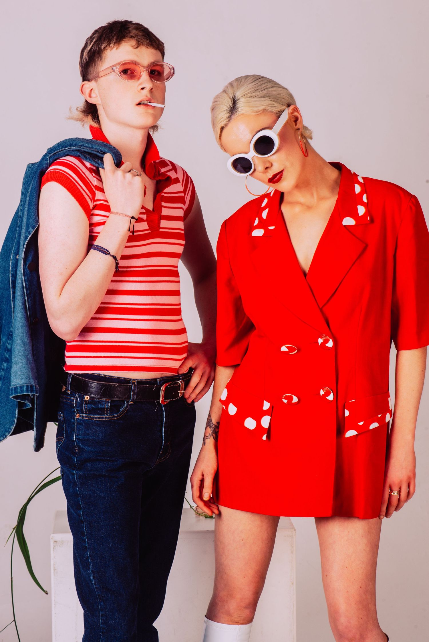 Vintage inspired fashion shoot with red and white striped outfits and denim.