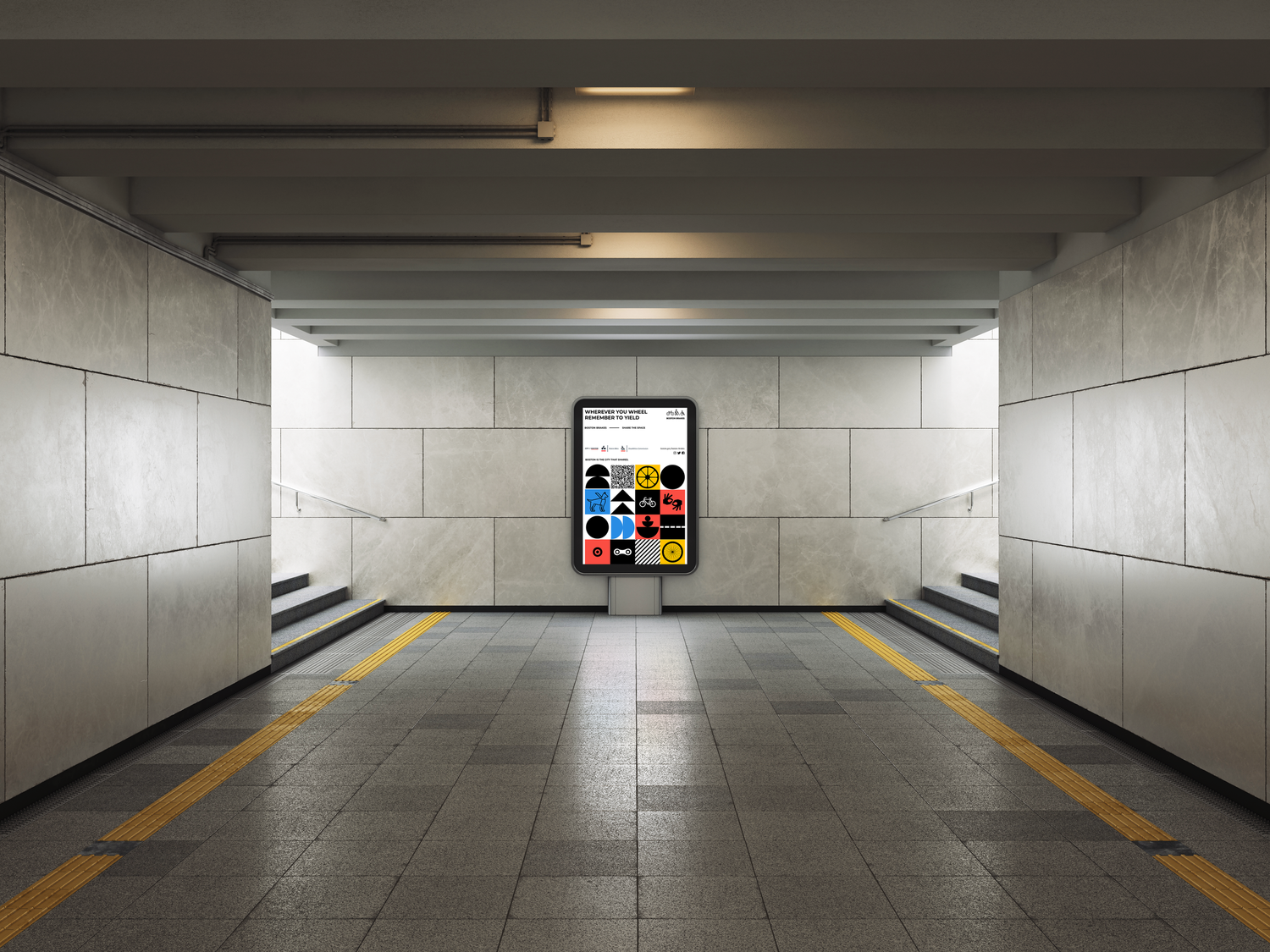 Underground parking garage with white concrete walls and yellow safety lines painted on the ground.
