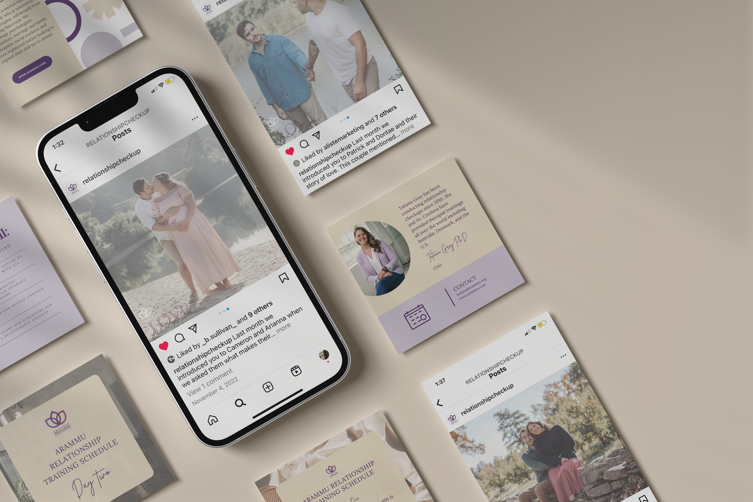 Multiple smartphones and tablets displaying social media posts and content layouts arranged on a beige surface.