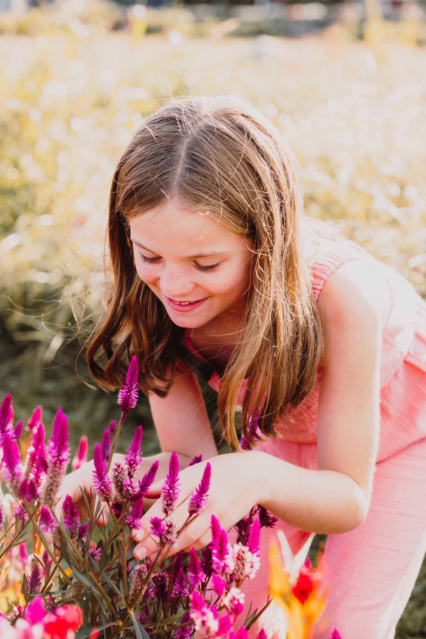 Child admiring bright pink and orange flowers in a sunny garden.