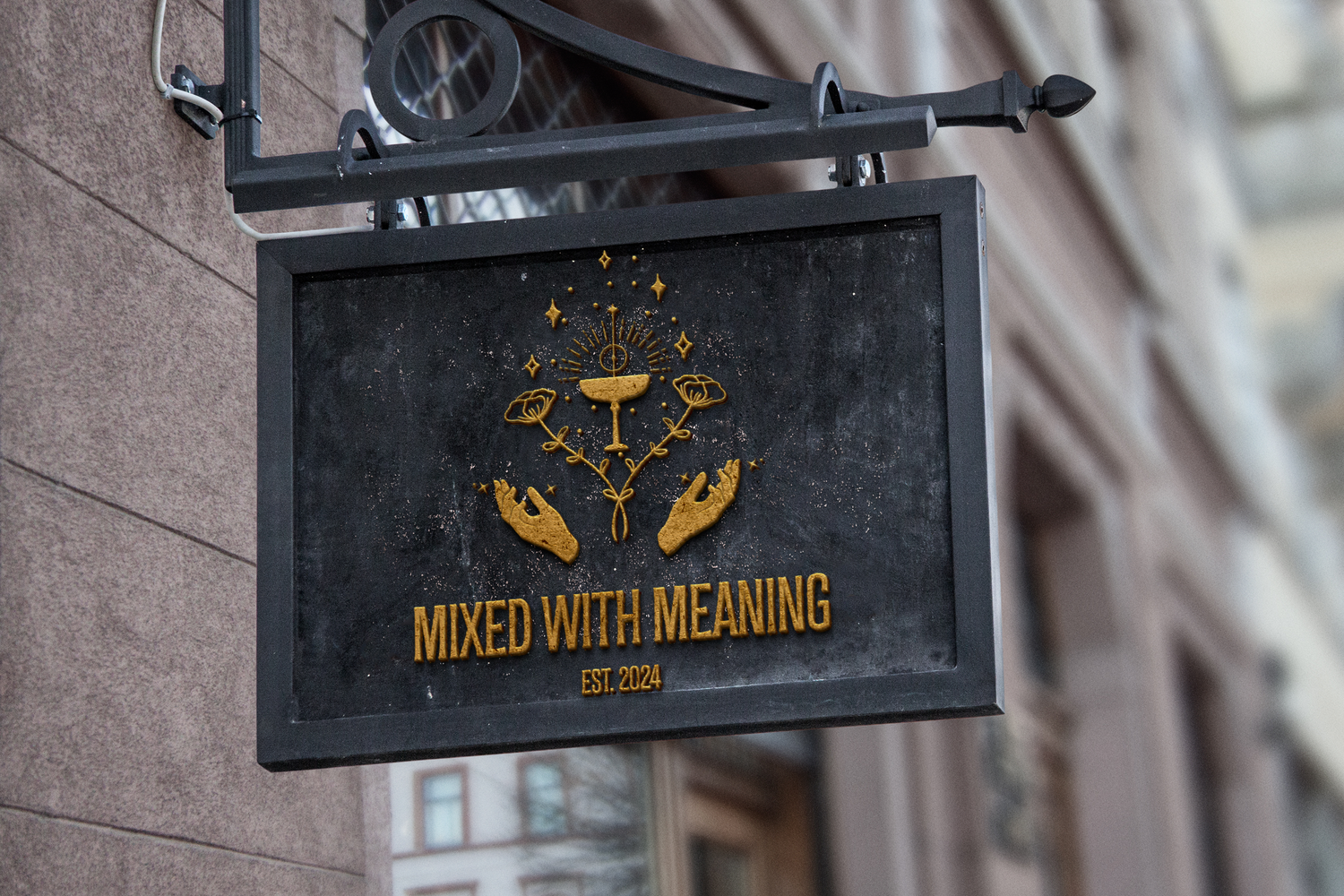 Black wall-mounted business signs with gold lettering showing company branding in an office hallway setting.